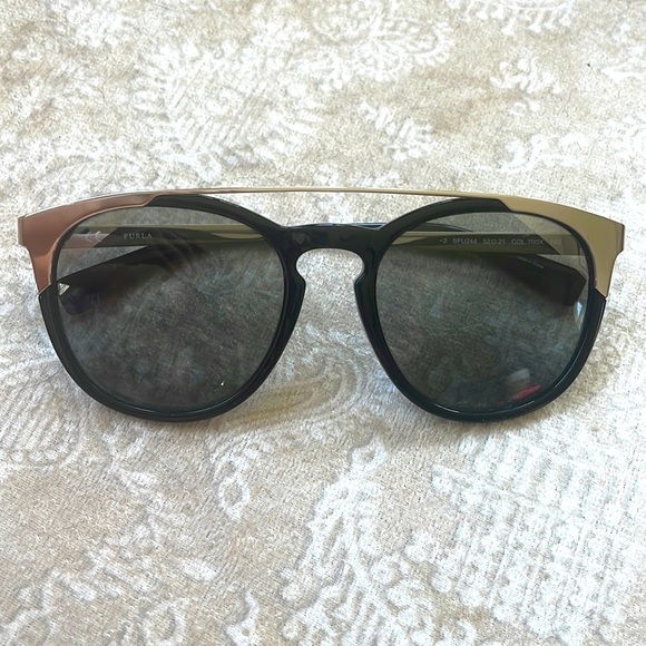 Furla Black & Silver Tone Full Rim Shiny Round Sunglasses w/ Havana Smoke Lens main image 13